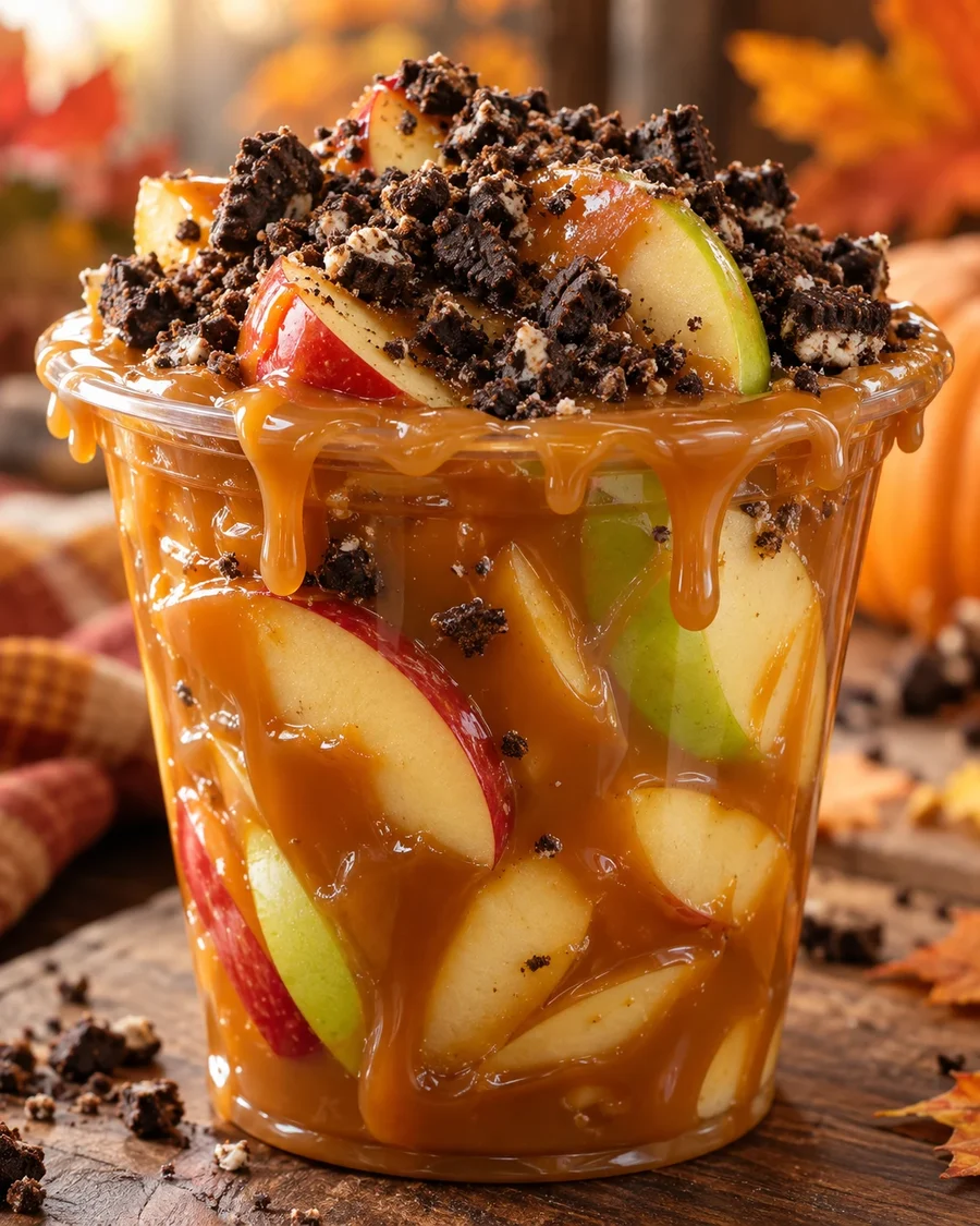 Caramel apple cup: apple slices smothered in caramel, topped with cookie crumbles