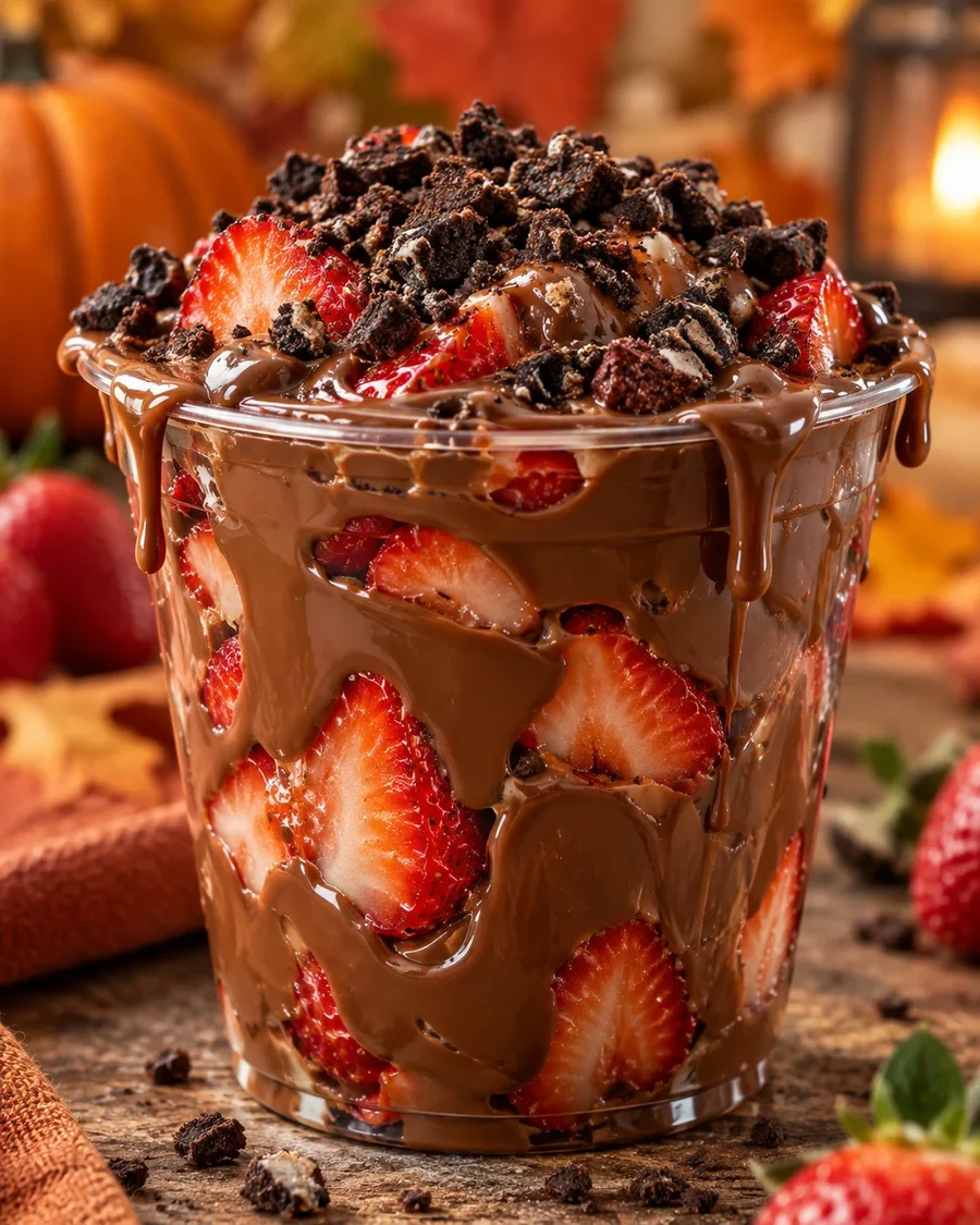 Chocolate strawberry cup: strawberries smothered in milk chocolate, topped with cookie crumbles